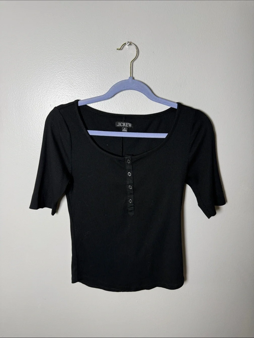 J. Crew Black Ribbed Henley Short Sleeve Top Size Medium
